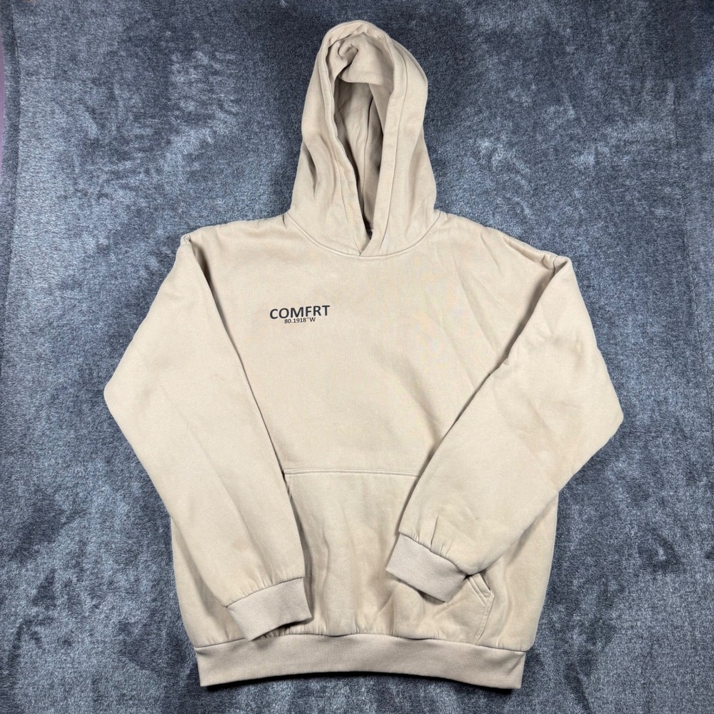 Comfrt Hoodie XL Tan Beige Fleece Pullover Minimalist Logo Mens - Picture 1 of 8